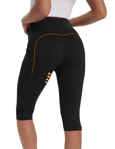Women's Knee Length Capri Leggings with Pockets - Black, X-Large - Yoga & Workout Pants