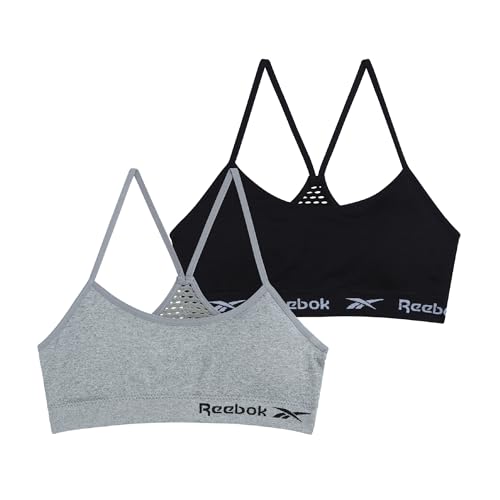 Girls Padded Sports Bras 2 Pack - Kids Tween Teen Training Bralettes Black Grey 6-7