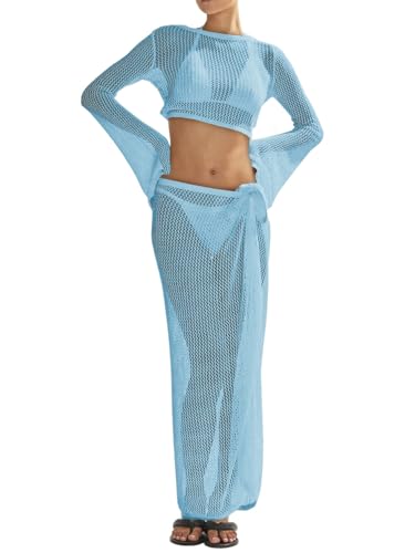 Aqua Blue Women's Beach Swimsuit Cover Up Set Crochet Bikini Bathing Suit Medium