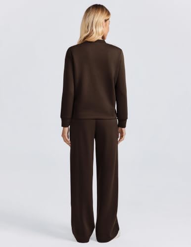 PINSPARK 2 Piece Women's Wide Leg Pants and Mock Neck Sweatsuit Set - Petite / Medium / Espresso Brown
