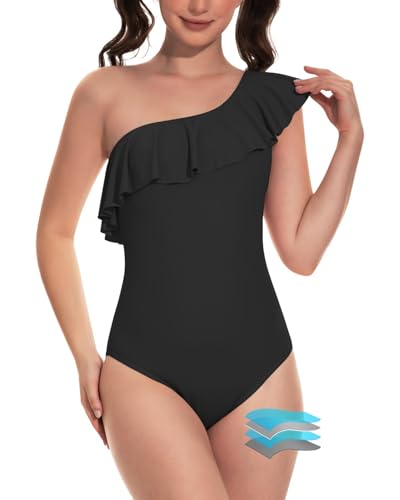 Beautikini Menstrual One Shoulder Ruffle One-Piece Swimsuit - XX-Small Black
