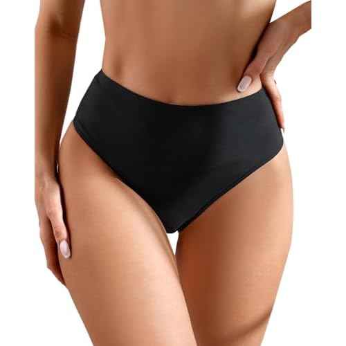 Women's Sexy High Waisted Ruched Back Cheeky Thong Bikini Swimsuit Bathing Suit Bottoms