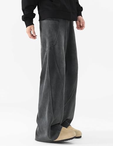 Large Acid Wash Men's Teen Y2K Baggy Wide Leg Sweatpants with Pockets - Black