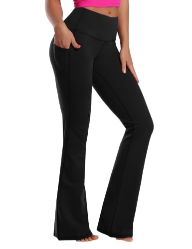 Women High Waist Bootcut Yoga Pants with Pockets - Tummy Control, 35" Inseam, Black