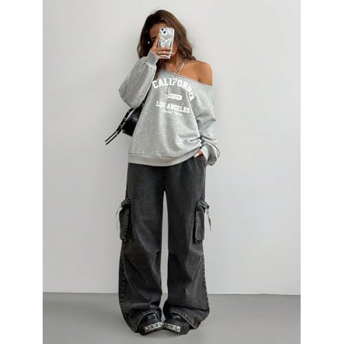 SOLY HUX Women's Off The Shoulder Sweatshirts Oversized Streetwear Long Sleeve Graphic Pullover Tops