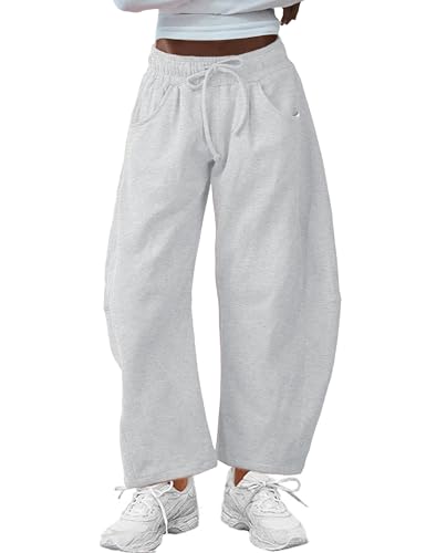 Women's Wide Leg Pants with Pockets - Elastic Waist Casual Sweatpants - Medium White