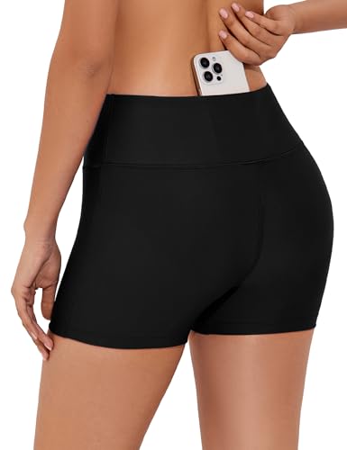 Women's High Waisted Swim Shorts 3 Inch Bathing Suit Bottoms - Medium Black