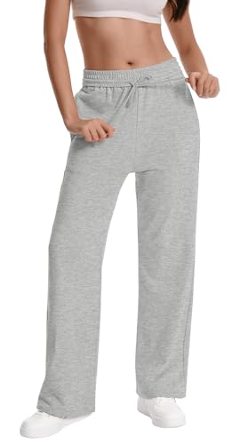 Women Baggy Straight Leg Sweatpants with Drawstring - Medium Grey, 28 Inch Inseam