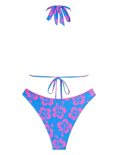 Women's Floral Bikini Swimsuit with Halter & Dual Straps - Purple, Medium