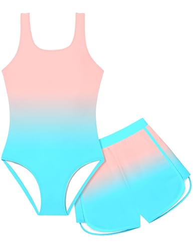 Girls One-Piece Swimsuit Color Block Bathing Suit with Shorts - Blue Pink, Age 9-10