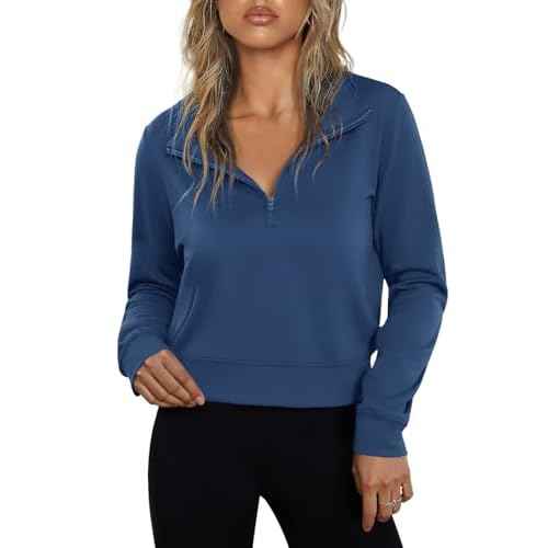 Totatuit Women Half Zip Up Cropped Lapel Sweatshirt Quarter Zipper Casual Long Sleeve Tops Fall Trendy Clothes