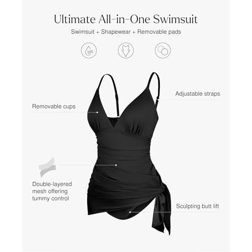 Popilush One Piece Swim Dress Tummy Control Swimsuits for Women Ruched Shapewear Split Bathing Suit