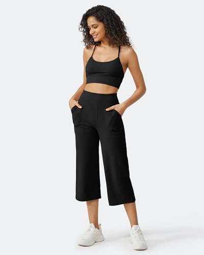 G4Free Wide Leg Yoga Capris for Women with Pockets - Casual Crop Pants Medium Black