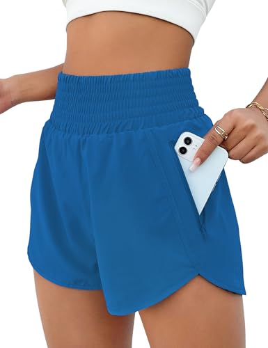 Women’s Athletic Shorts High Waisted with Pocket, Medium Ocean Blue