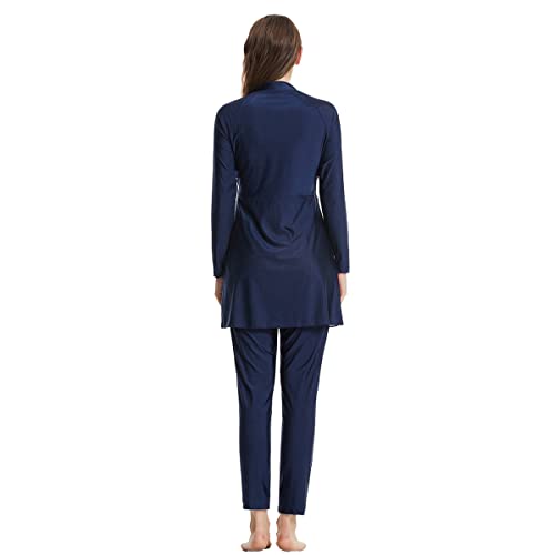 Long Sleeve Muslim Swimsuit with Built-in Bra & Hijab - Navy Blue, Large