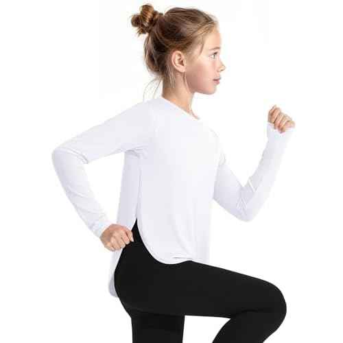 JOCMIC Girls Long Sleeve Shirts Kids Athletic Quick Dry Basic Tees for Gym Yoga Fall Tops UPF 50+ Sun Shirts