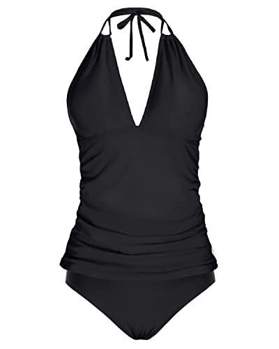 Women's Halter Tankini Two Piece Bathing Suit - Large Black