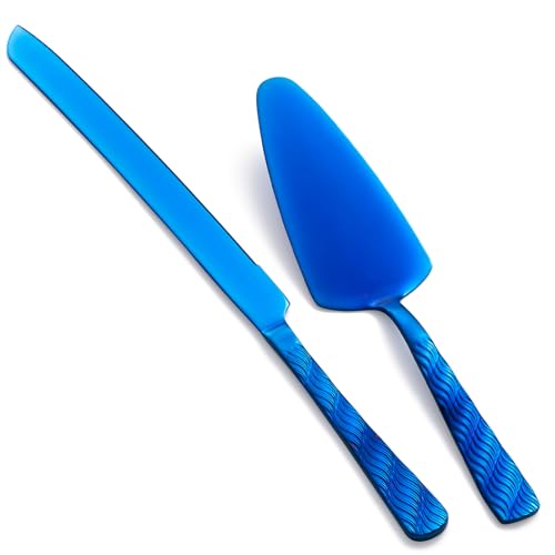 Blue Cake Cutting Set - Stainless Steel Knife and Server with Filigree Design