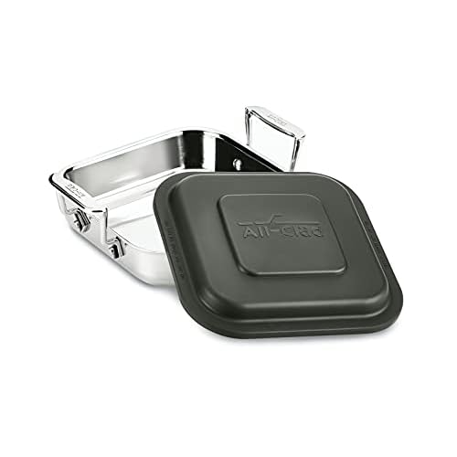 All-Clad Specialty Stainless Steel and Plastic Lid Square Covered Baking Pan 8x8 Inch Oven Broiler Safe 600F Pots and Pans Silver