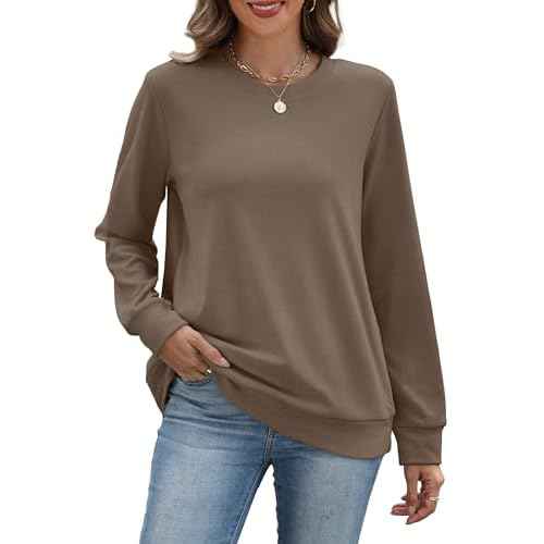 RUMIA Crewneck Fall Sweatshirts for Women Trendy- Women's Plain Long Sleeve Pullover Tops with Pockets Fashion