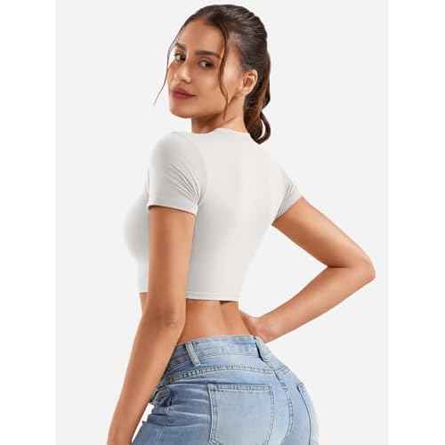 VOYJOY Womens Double Lined Fitted Short Sleeve Crop Tops Crew Neck Casual Workout T Shirts Cute Basic Tee