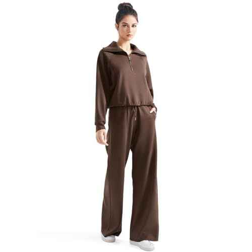 SUUKSESS Women 2 Piece Lounge Matching Set Wide Leg Sweatpant Half Zip Sweatshirt