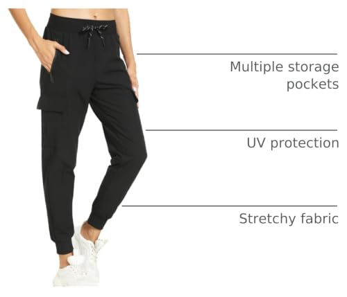 Women's Lightweight Hiking Cargo Joggers with 4 Pockets - Dark Black, Large