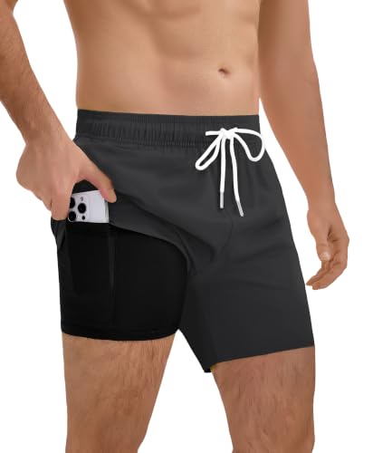 Men's 2-in-1 Swim Trunks 5 Inch Swim Shorts - Black, XX-Large