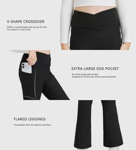 Girls Flare Leggings - Seamless Ribbed Yoga Pants with Cross High Waist, Bootcut Bell Bottoms - Black, Pink, Light Blue, 15-16 Years