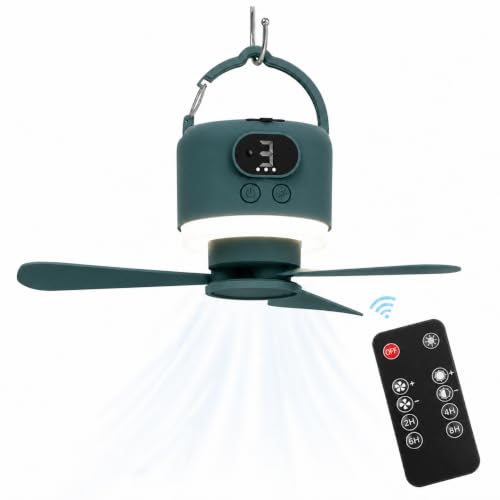 Dark Green Camping Tent Fan with Light - Rechargeable Hanging Fan with Remote, 11.4 Inches