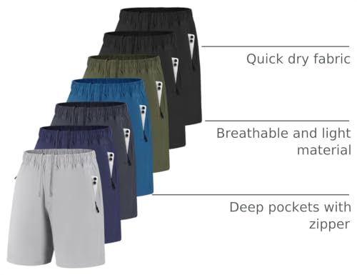 Men's Gym Workout Shorts 7 Inch Inseam Athletic Shorts with Zipper Pockets - Black, Dark Gray, Light Gray, Army Green, Navy, Teal, Large