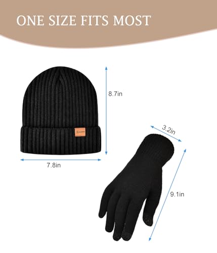 Winter Beanie Hat and Touchscreen Gloves Set for Men Women - Black, One Size