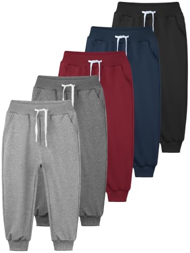 Resinta 5 Pack Toddler Boys Sweatpants Athletic Joggers Cotton Pants 7-8 Years - Black, Grey, Navy, Burgundy