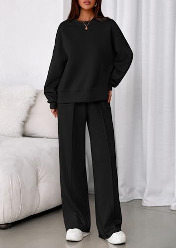 PRETTYGARDEN Women's Long Sleeve Sweatshirt 2-Piece Set Large Black