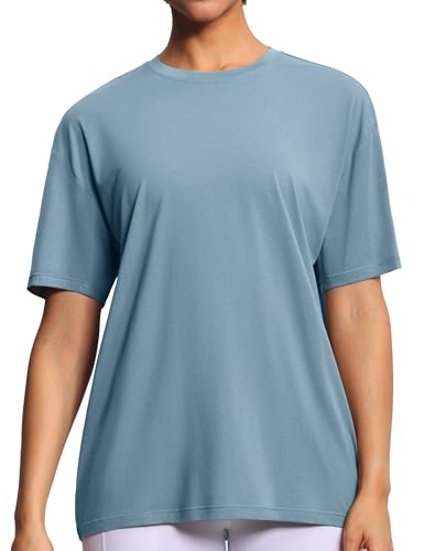 Women's Oversized Workout T-Shirt - Crewneck Basic Gym Top, Large Grey Blue