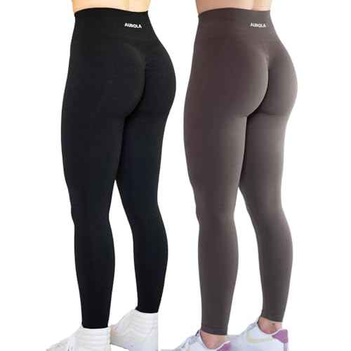 AUROLA Intensify 2 Pieces Set Workout Leggings for Women Seamless Scrunch Tights Tummy Control Pants,Set (Black+Chestnut Brown),S