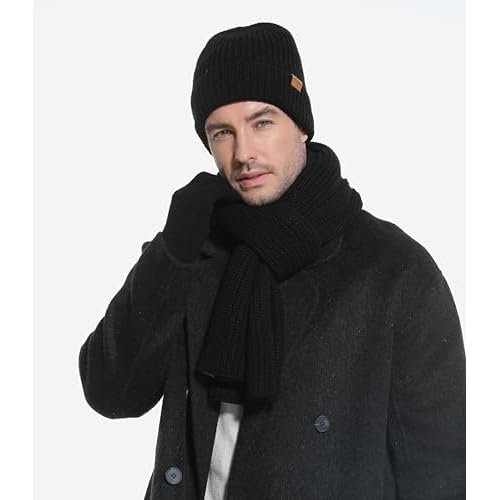 Mens Winter Beanie Hat Touchscreen Gloves Long Scarf 3 Set with Warm Fleece Lined Knit Cap Scarves for Men Women