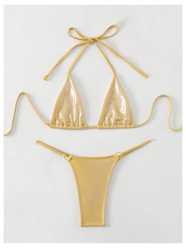 Women's Metallic Bathing Suit Halter Bikini Set - Small / Plain Gold