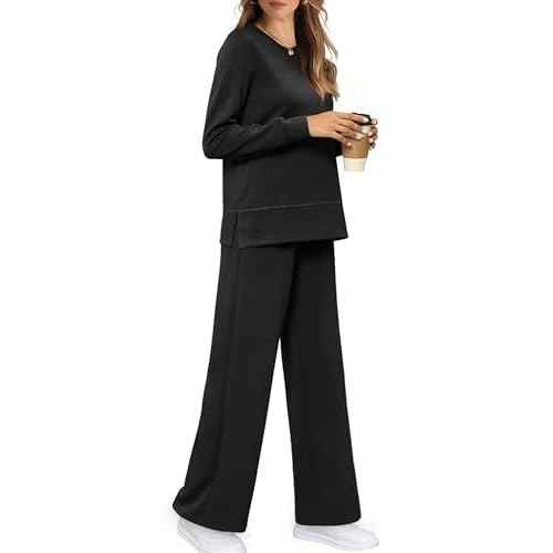 WIHOLL Women's 2 Piece Lounge Sets Sweatshirt Casual Travel Outfits Fashion Wide Leg Tracksuit Cozy Sweatsuits