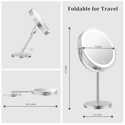 7¡± Magnifying Mirror with Lights,1X/10X Double Sided Lighted Makeup Mirror with Magnification, Rechargeable Battery, Dimmable, 3 Lighting Colors, Chrome