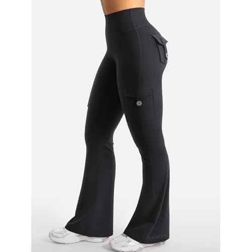 YEOREO CoreFlex Women Workout Flare Leggings with Pockets Hidden Scrunch High Waisted Cargo Gym Yoga No Front Seam Leggings