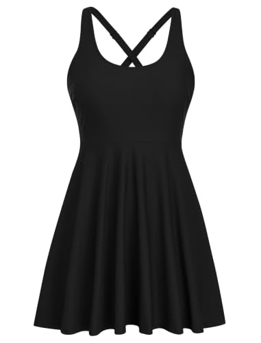 Women’s One Piece Swimsuit Tummy Control Swim Dress - Solid Black, Size S-24W, Variation 22