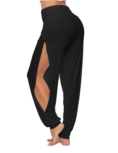 AvaCostume Women's Harem Yoga Pants Side Slit Workout Sweatpants - Small, Black