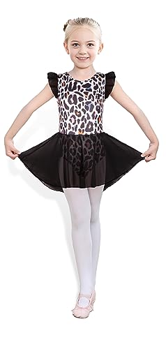 Girls Ruffle Sleeve Tutu Leotard Dress for Dance Ballet & Gymnastics - 5-6 Years Leopard-Black