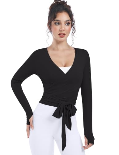 Women's Ballet Wrap Top Long Sleeve Pilates Dance Shirt - Medium Black