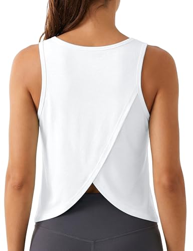 Quenteen Women's V Neck Cropped Open Back Tank Top - Medium White - Gym & Yoga Workout Shirt