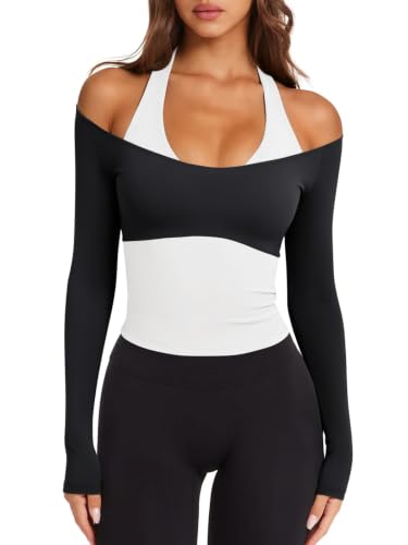 LASLULU Women's Colorblock Padded Long Sleeve Workout Top - Medium Black