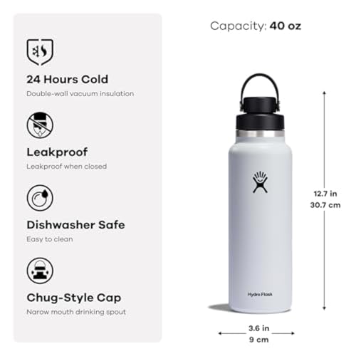 Hydro Flask Water Bottle - Insulated Stainless Steel - Wide Mouth Chug Lid, Non Spill, Leakproof in 40 Oz Cascade Blue