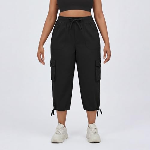 Plus Size Cargo Capris for Women with Pockets Lightweight Stretch Wide Leg Cropped Activewear Joggers - 3X-Large Black