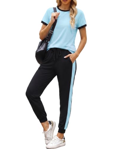 Women's 2 Piece Summer Outfits - Medium Blue Color Block Tracksuit Set